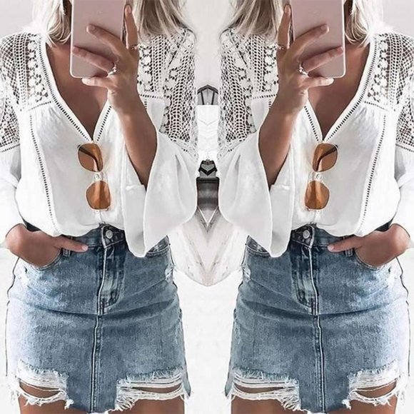 New Boho White Lace Button Front Blouse - Picture 7 of 11